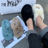 niufuni soft fur slippers platform casual flats home cotton slides open toe simple non slip furry women shoe slip on winter warm