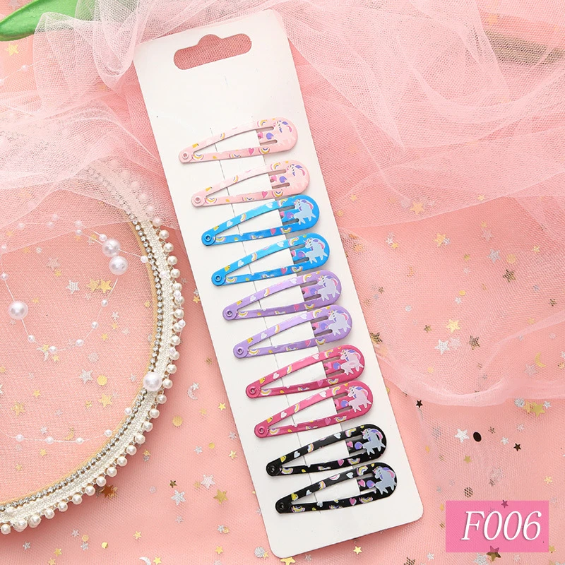 10 Pieces New Cute High Quality Printing Snap Hair Clips For Kids Solid Matel Hairpins Girls Hair Accessories Clips - Цвет: F006