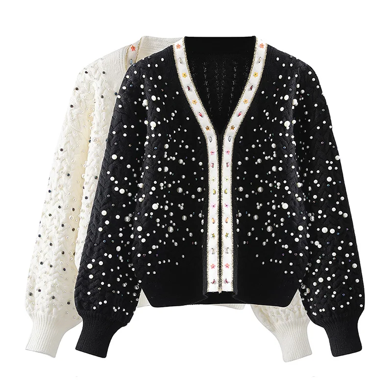 

2020 Autumn Winter New Sweater Coat Women Beaded Sequins Pearl Twist Luxury Cardigan Female Loose Fashion Knitted Sweater Jacket