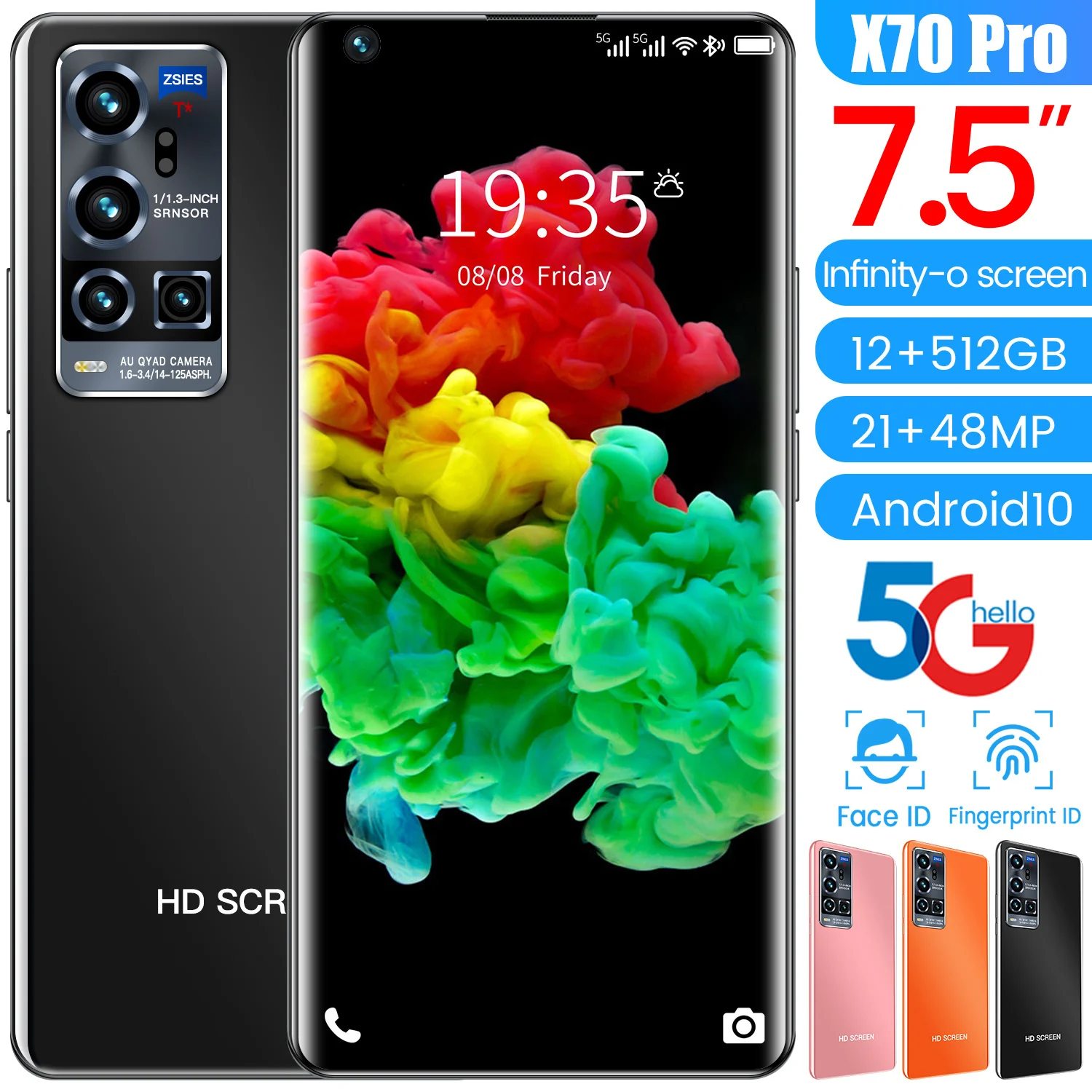 

Smart Phone X70 Pro 12Gb Ram 512Gb Rom 5G Dual SIM Unlocked Smartphone Android 10.0 MTK 6799 Deca Core Mobile Phones GPS