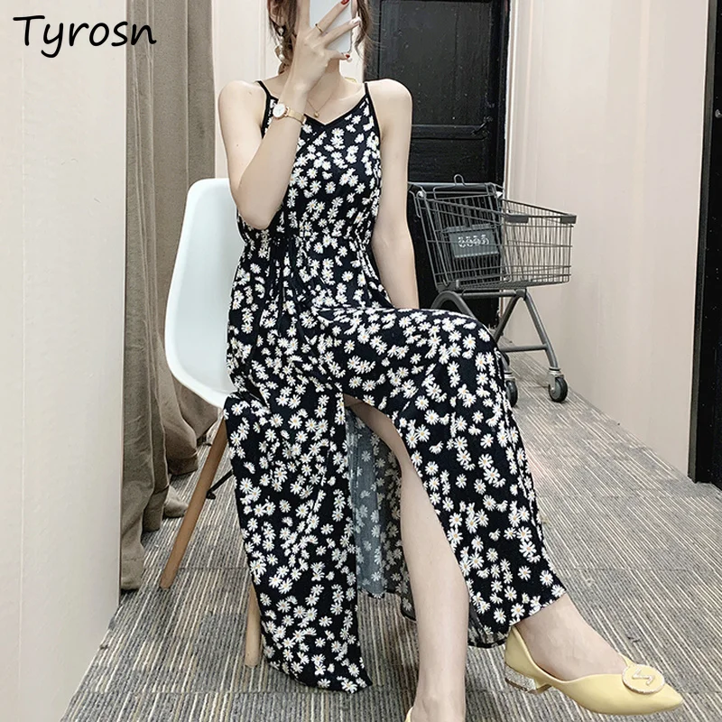 

Sleeveless Dress Women Floral Daisy-print Oversize Midi Dresses Design Fashion Side-slit Sexy Belt Elegant Vestidos Mujer Summer