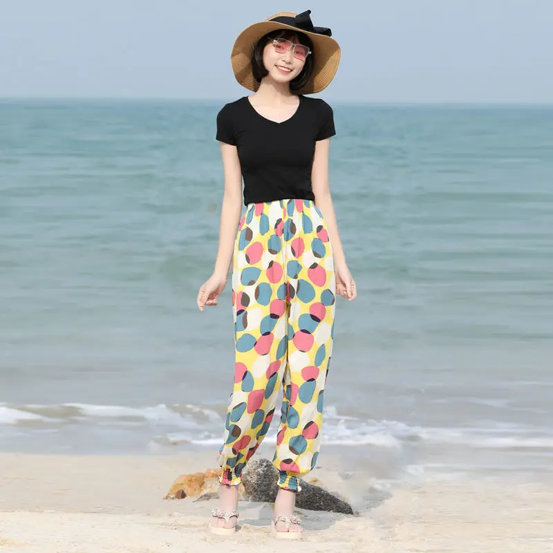 

Women's anti mosquito pants rayon silk lantern pants summer thin cotton beach pants Harem Pants loose air conditioning pants