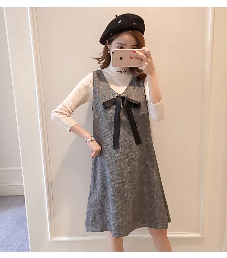 6596# 2PCS/Set Autumn Korean Fashion Maternity Dress Sweet Lovely Straight Loose Clothes for Pregnant Women Fall Pregnancy
