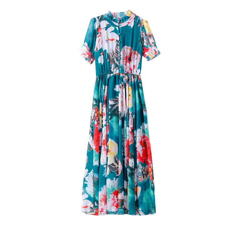 

COIGARSAM 4XL Plus Size French Style Chiffon Women Long dress New Vintage Dresses Red Green 750