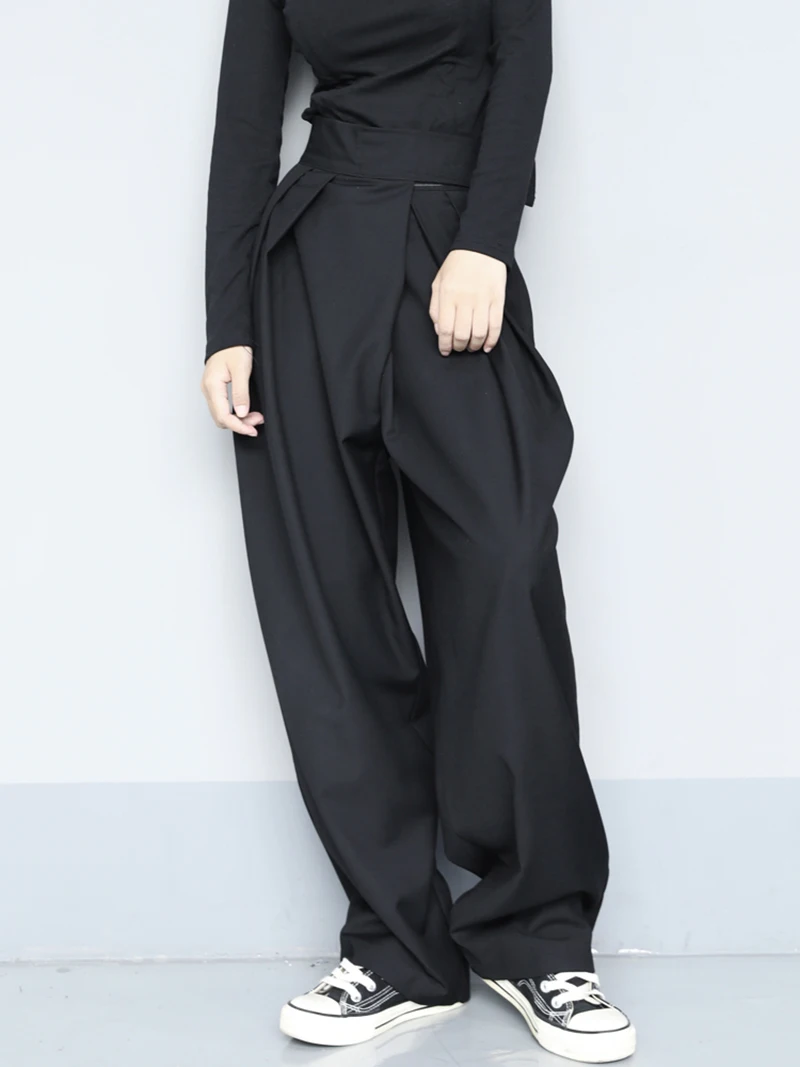 

High Waist Black Brief Pleated Long Wide Leg Trousers New Loose Fit Pants Women Fashion Tide Spring Autumn 2021