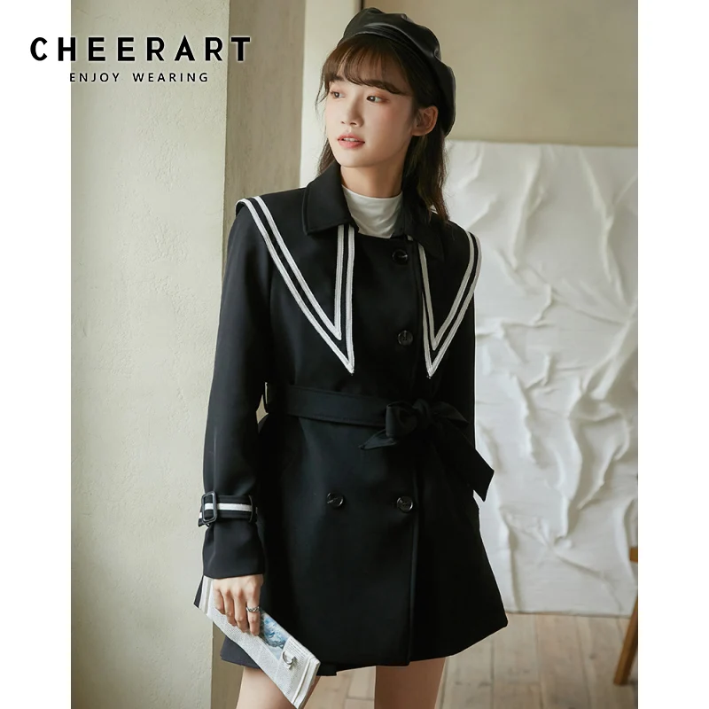 

CHEERART Sailor Collar Black Double Breasted Trench Coat For Women Preppy Style Coats And Jackets Autumn Winter Fashion