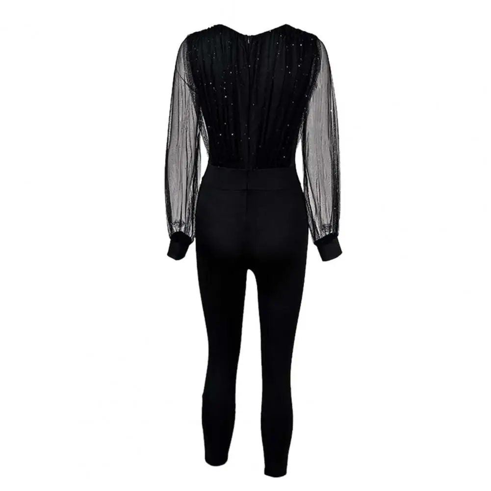 

Jumpsuit Women Deep V Neck Mesh Long Sleeve Sequins Glitter Jumpsuit One Piece Overall Jumpsuit Women Elegant Solid Overalls