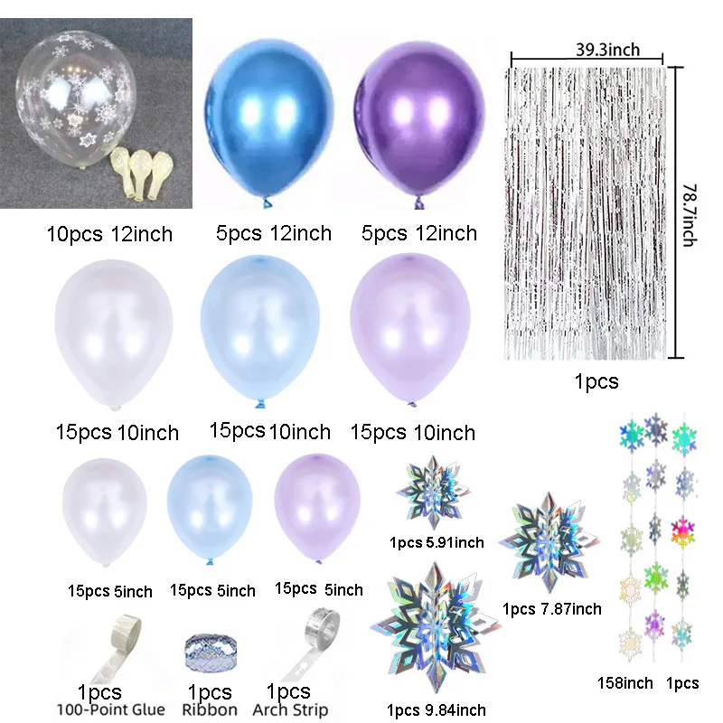 Conjunto de globos de l&aacute;tex de Frozen, guirnalda de copos de nieve y Flash, cortinas de fondo de plata para cumplea&ntilde;os de reina de la nieve, decoraciones de cumplea&ntilde;os de Elsa, 118 piezas-1