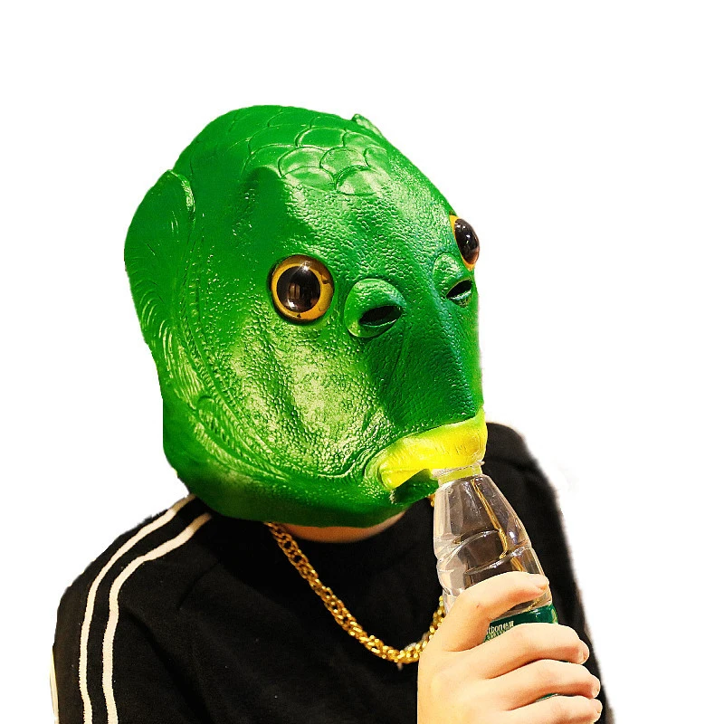 

Funny Cosplay Costume Unisex Adult Women Men Carnival Party Green Fish Head Mask Headgear Alien Emulsion Make Fun Of Toys Gifts