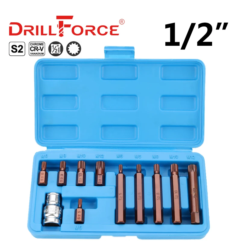 Drillforce 11PCS M5-M12 1/2" Drive Spline Socket Bits Set S2 Adapter Torque Spanner Ratchet Wrench Repair Tools M5/M6/M8/M10/M12