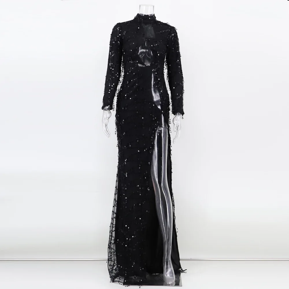 

Black Tassel Sequin Split Dress Sexy See Through Mesh Patchwork Long Dress High Neck Long Sleeve Glitter Party Maxi Dress