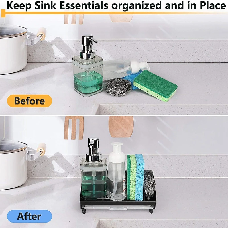 

Kitchen Sink Caddy Organizer, Sponge Soap Holder, Countertop Sponge Rack with Drain Pan Tray