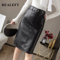 realeft autumn winter black pu leather elegant pencil midi skirts pockets high waist back split sheath wrap skirts with belt