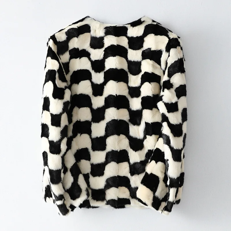 Fashion Mink Fur Parkas Women Black Short Plaid 4XL Plus Size Overcoats Round Neck Office Lady Winter Warm Femal Coats Jackets