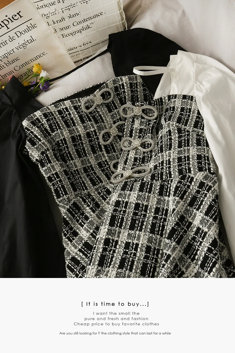 

Contrast Patchwork Square Collar off-Shoulder Long Sleeve Top with Swing Women's Autumn Clothing Plaid Tweed Shirt