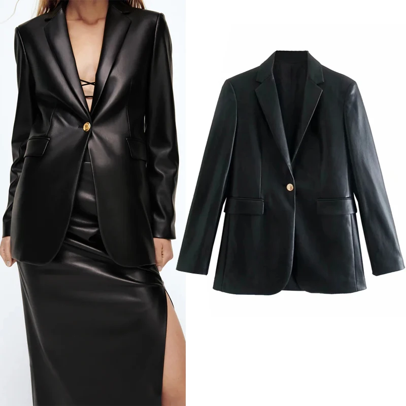 

Za Faux Leather Blazer Women Long Sleeve Black Jacket Woman 2021 Office Elegant Female Blazer Vintage Botton Autumn Jacket