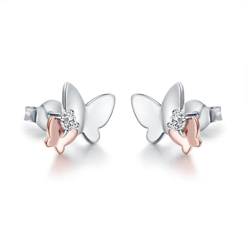 

SG 100% Стерлинговое Серебро 925 пробы, розовое золото, милые маленькие серьги-гвоздики с бабочками для женщин, серебряные маленькие серьги, изы...