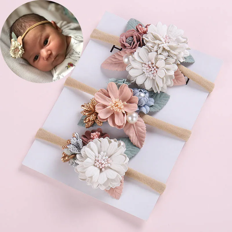 Цветочные повязки на голову для маленьких девочек; эластичные повязки для волос принцессы для новорожденных; детские повязки на голову с жемчужинами и цветами в свежем Стиле; милые аксессуары для волос