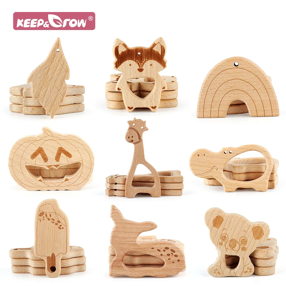 1pc Baby Wooden Teether Food Grade Cartoon Animals DIY Kids Teething Necklace Nursing Toy Natural Beech Wood Baby Rodent Teether