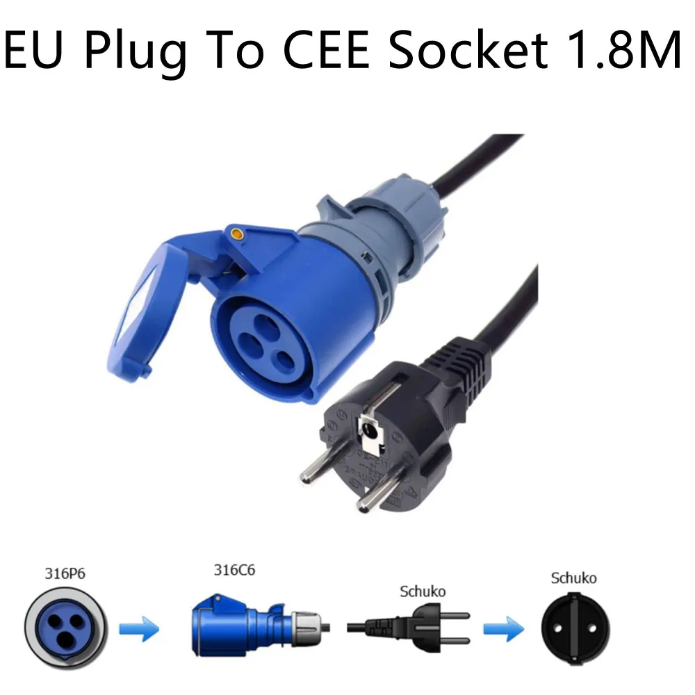 

1.8M EU Plug to CEE Socket IEC309 316C6 Power Cable,16A 250V, IP44 plug into Euro CEE7/3 Outlet Socket