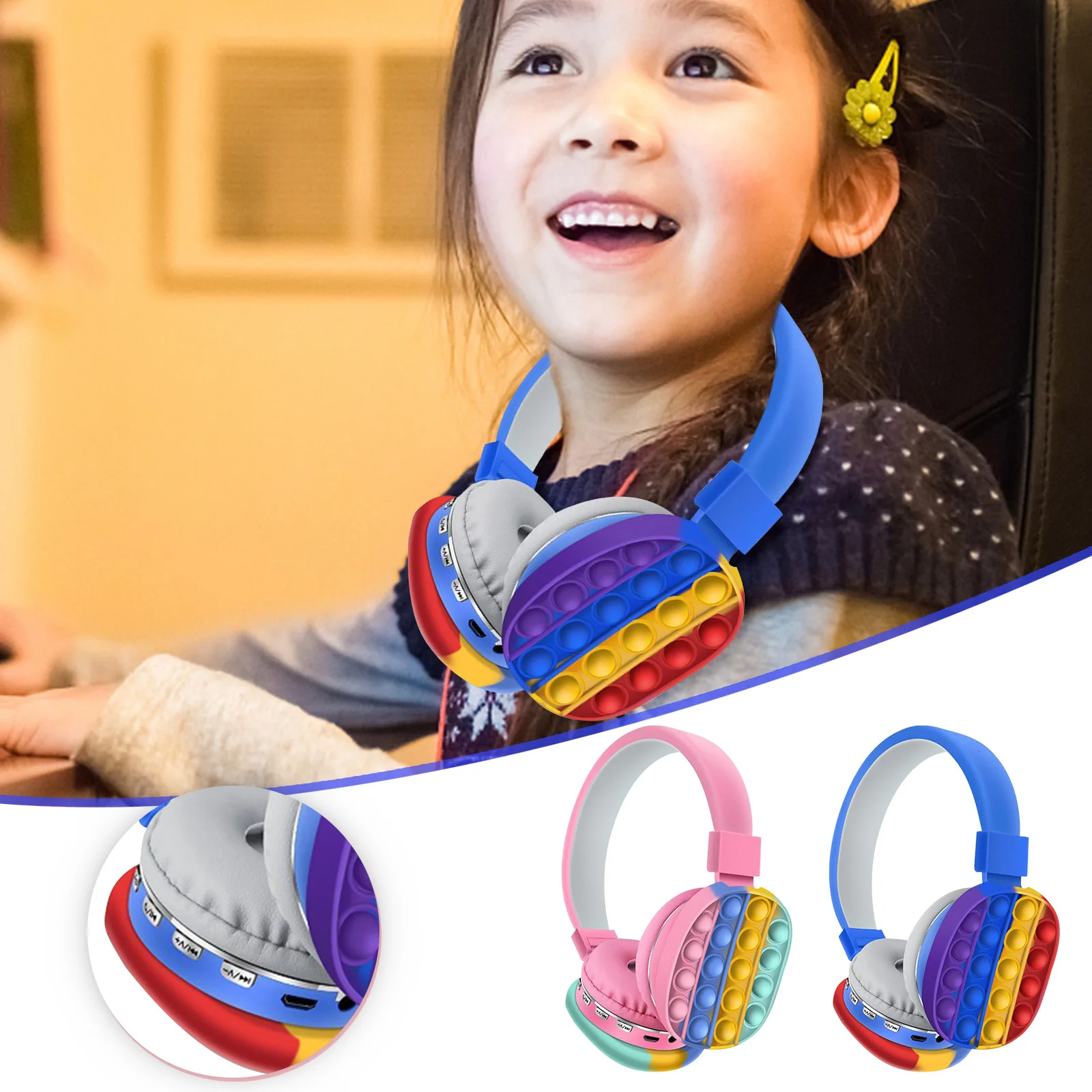 Pupet-auriculares est&eacute;reo con Bluetooth y hoyuelos para ni&ntilde;os, juguetes de burbujas de empuje montado en la cabeza, con dise&ntilde;o de arco&iacute;ris, para regalo-0