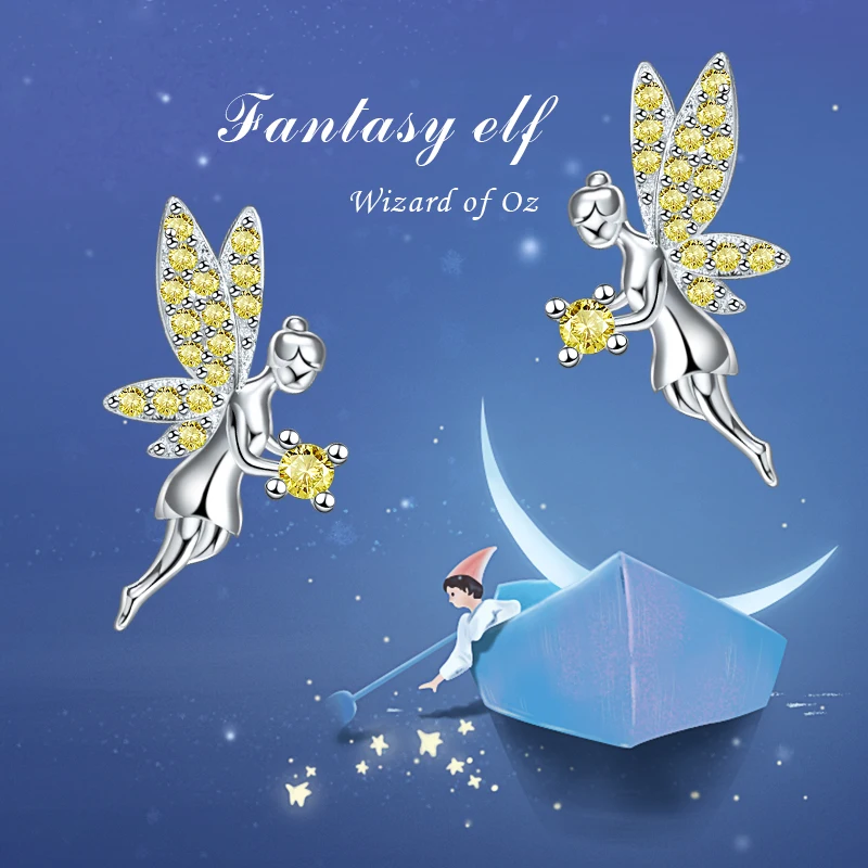 Strollgirl новые 925 пробы серебро Fanstasy эльф крылья серьги желтый циркон гвоздики со