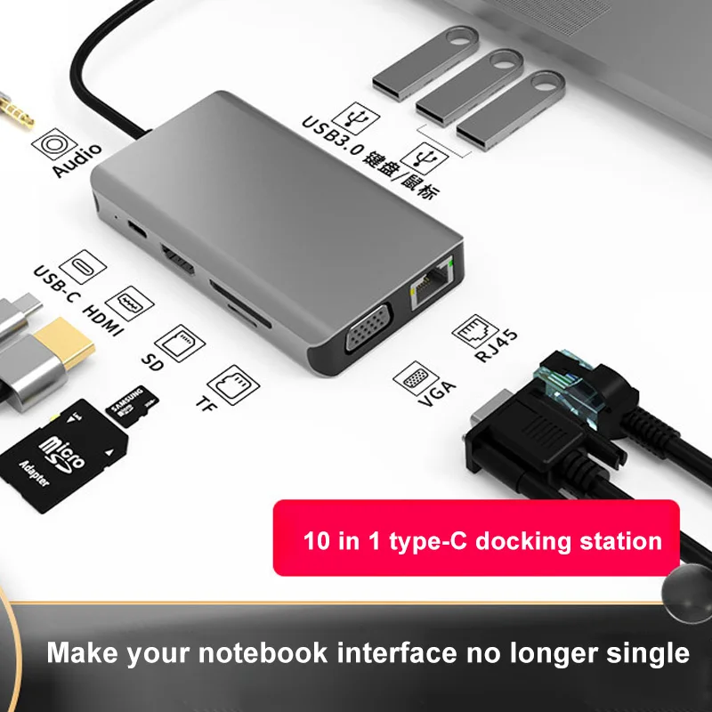 

USB C концентратор Тип C на HDMI-совместимость с USB 3,0 адаптер 10 в 1 Тип C концентратор USB док-станция для MacBook Pro/Air Android USB C сплиттер