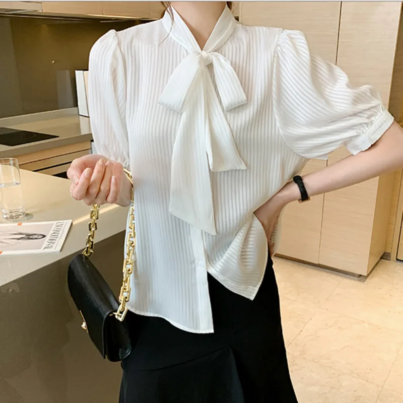 

#8287 White Chiffon Shirt Women Bow Collar Sexy Office Tops Vertical Striped Shirt Short Sleeves Formal Woman Shirt Thin Loose