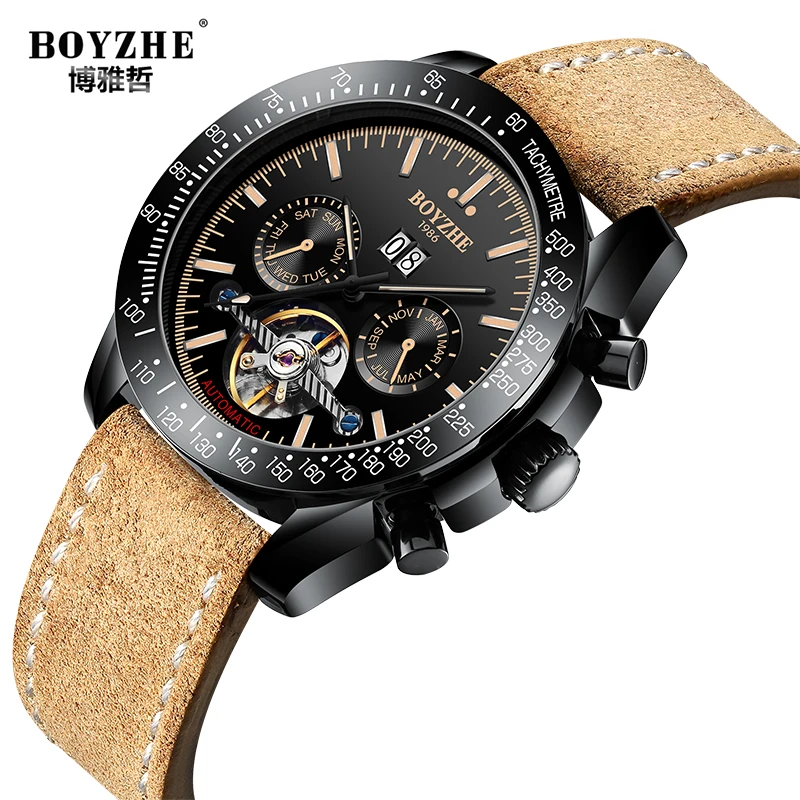 

BOYZHE Mechanical Watch Men Automatic Tourbillon Reloj Hombre Luxury Brand Mens Watches Luminous Sport Leather Montre Homme 2019