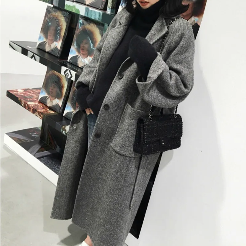 Женское шерстяное пальто [EWQ] теплое длинное с длинным рукавом и поясом Корейская