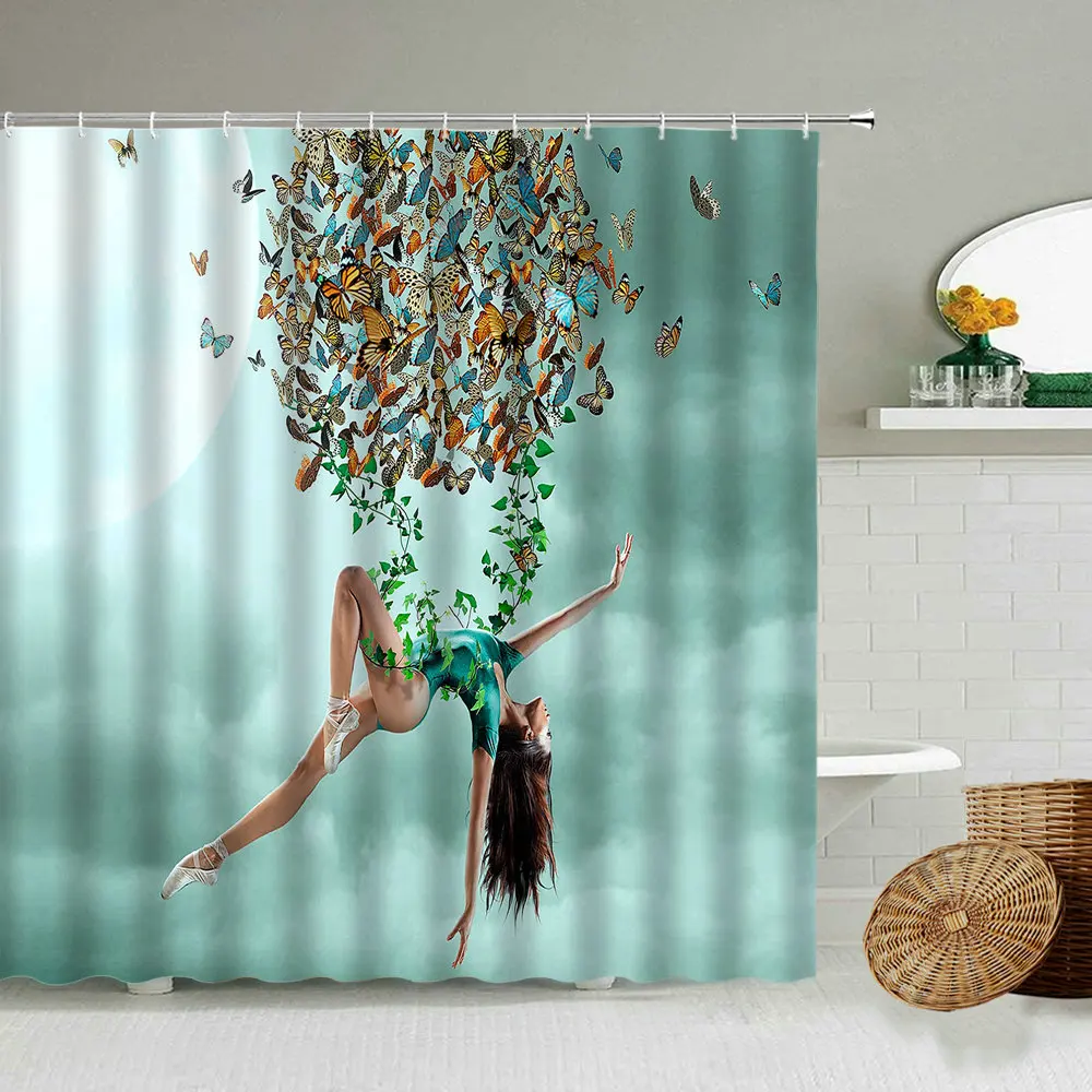 Занавеска для душа с изображением балерины водонепроницаемые разноцветные