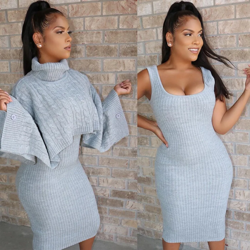 Pullover Turtleneck Sweater Women Two Piece Set Sexy Midi Knitted Long Sleeve Party Dresses Streetwear Pull Femme Nouveaute 2020 | Женская