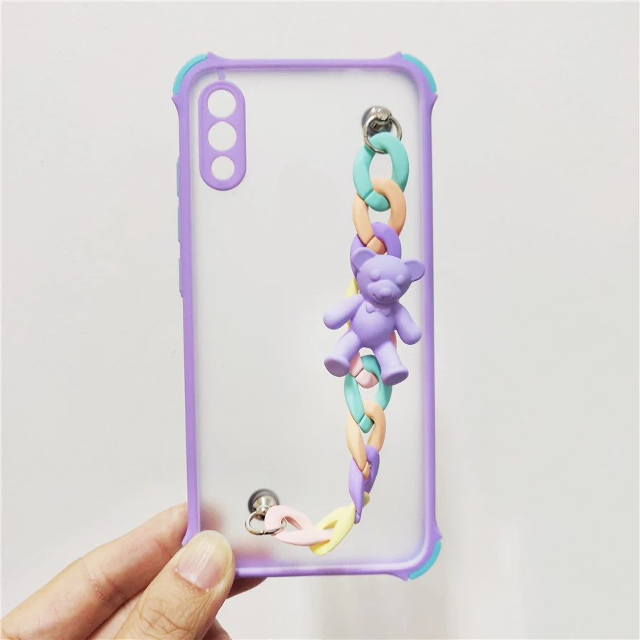 Противоударный прозрачный мягкий чехол с 3d медведем и цепочкой на запястье для