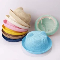 cute baby solid color hat with ears summer straw baby girl boy hat kids cap children sun protection sunbonnetbeach sun hat
