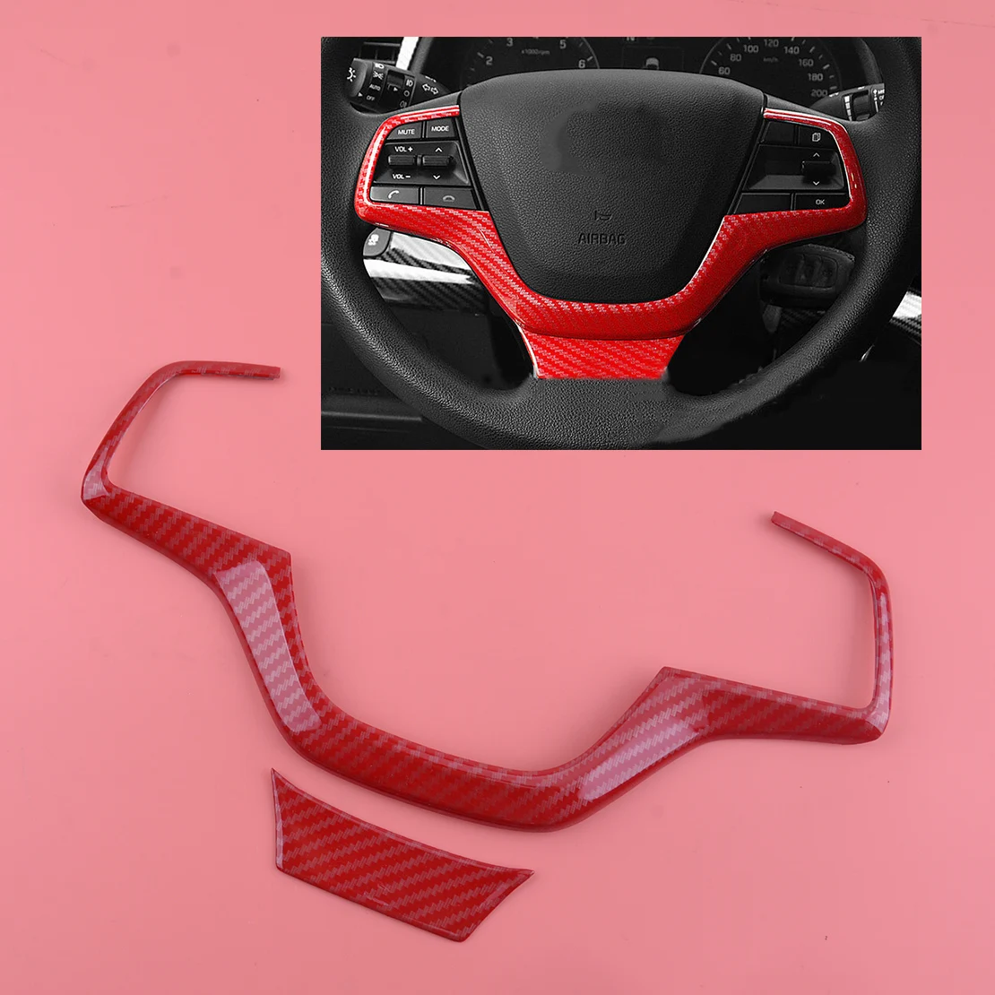 

2Pcs ABS Carbon Fiber Car Red Front Steering Wheel Frame Cover Trim Fit for Hyundai Elantra 2016 2017 2018 2019 2020 Decoration