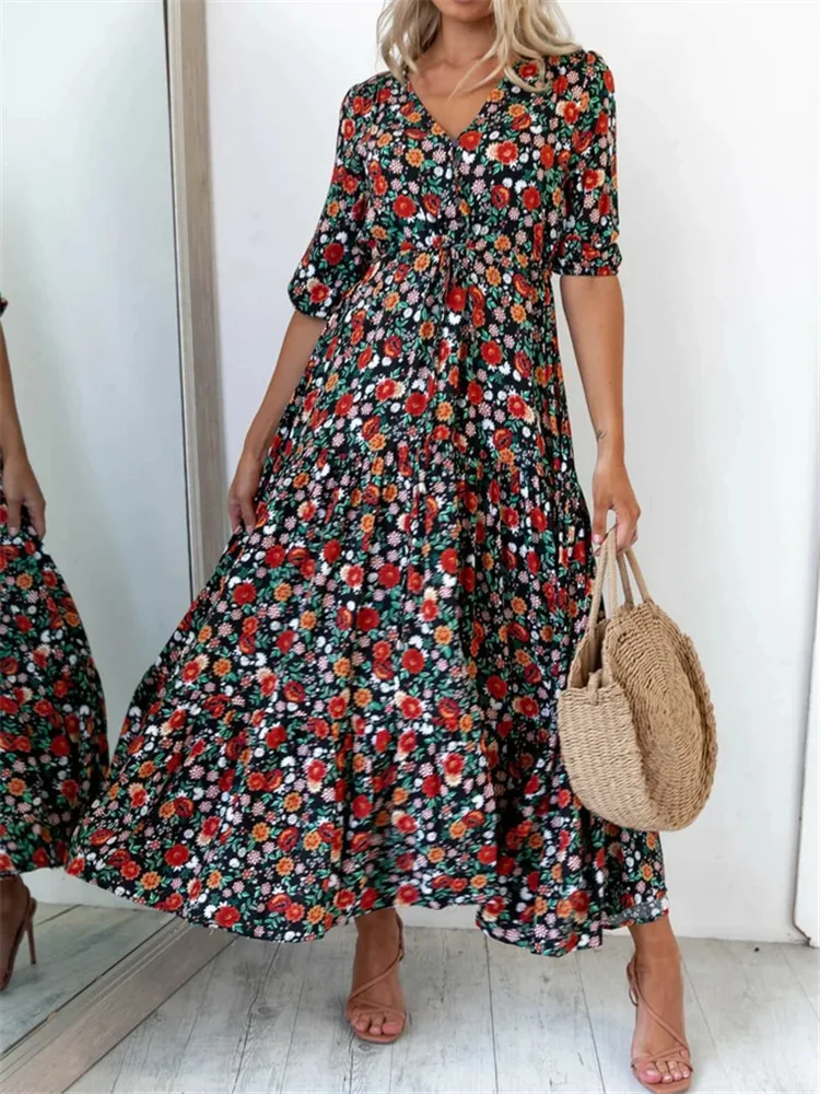 

2021 New Autumn Women's Half Sleeve Floral Cartoon Print Loose Summer Long Dress