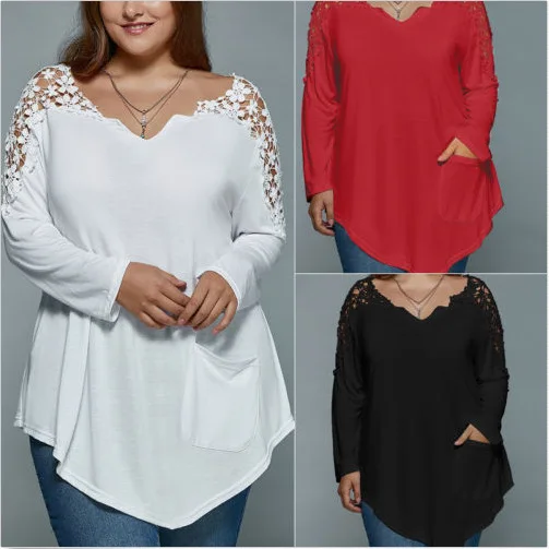 

graphic plus size woman t-shirt spring autumn lace long sleeve female t-shirt v-neck casual loose woman Tees