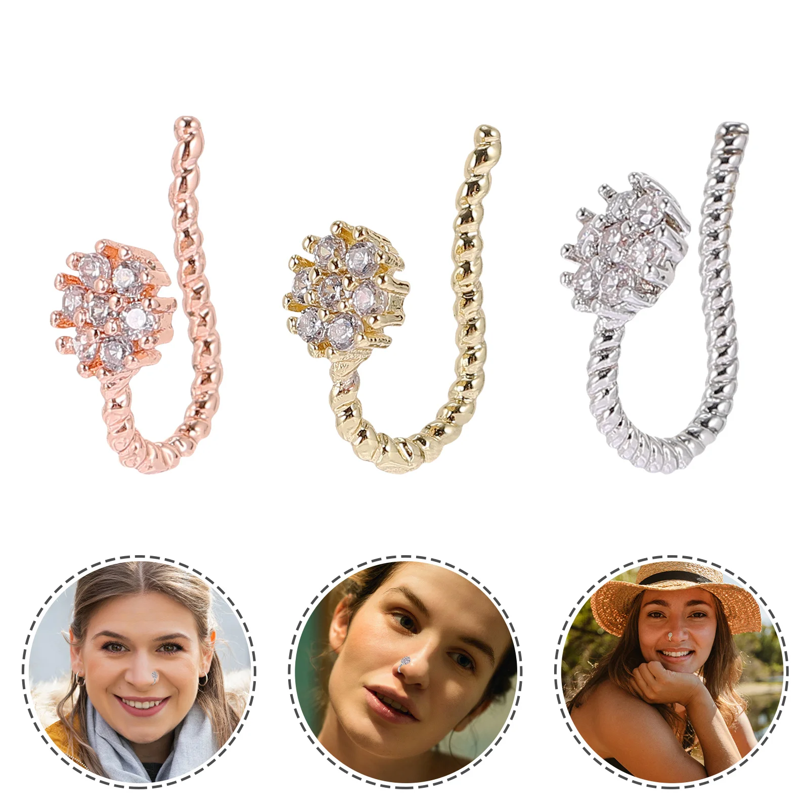 

3pcs Decorative Nose Rings Fashion Nose Ring Clip Lady Nose Jewelry