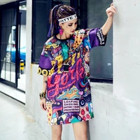 women hip hop long t shirt mesh breathable loose new york letter printed pullovers short sleeve tee dress streetwear
