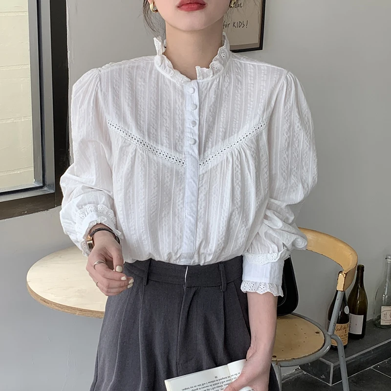 

Lace stand collar chic stitching hook flower hollow design long sleeve Blouses 2022 spring autumn new joker solid color shirt