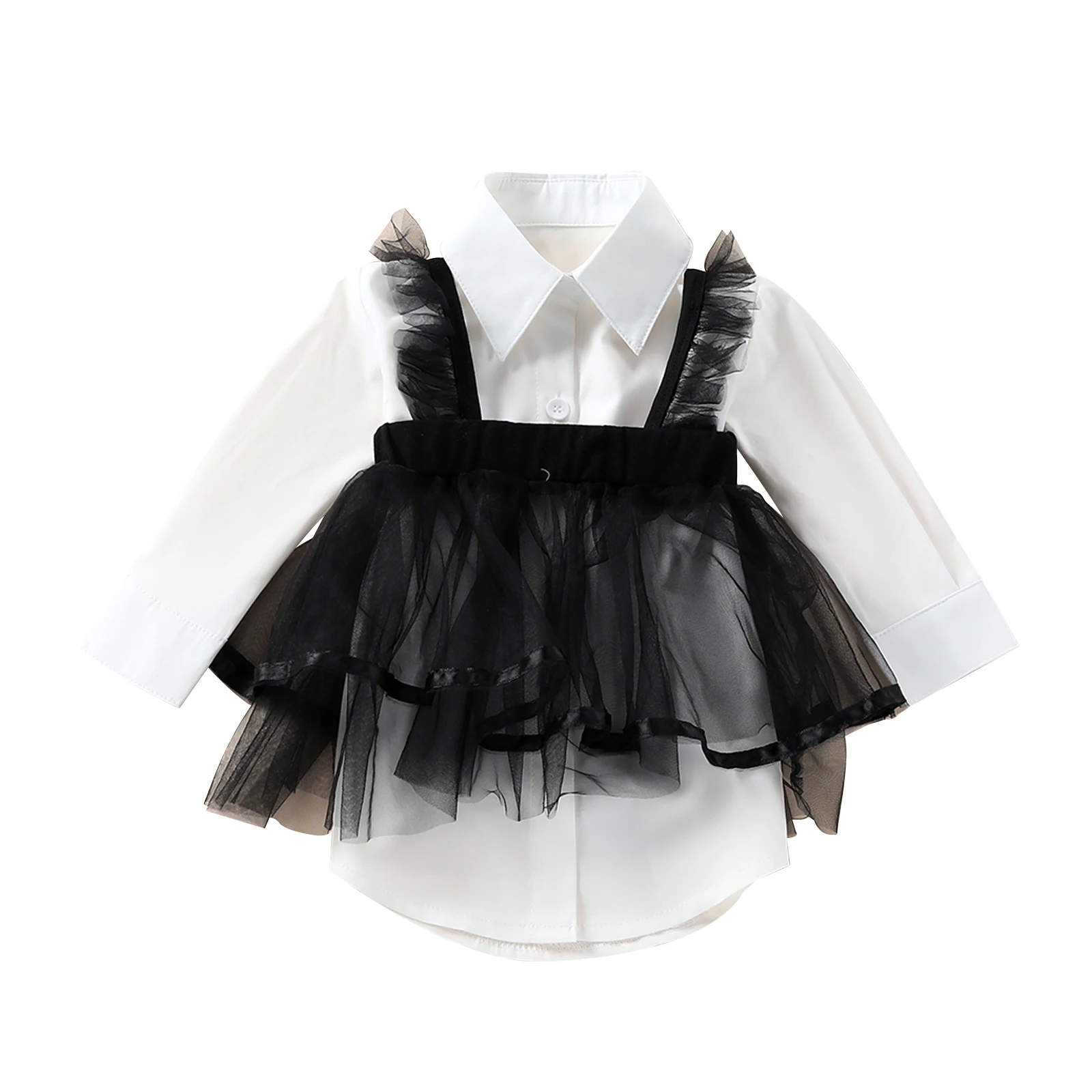 

Повседневный комплект одежды для маленьких девочек из 2 предметов, белая рубашка с длинным рукавом и воротником на пуговицах и черное платье из пряжи, наряды