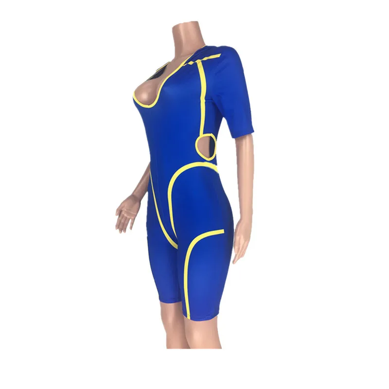 

Hooded Fitness Playsuit Romper Women V-neck Patchwork Striped Skinny Bodysuit Female Elastic Hollow Out Jumpsuits Shorts Summer