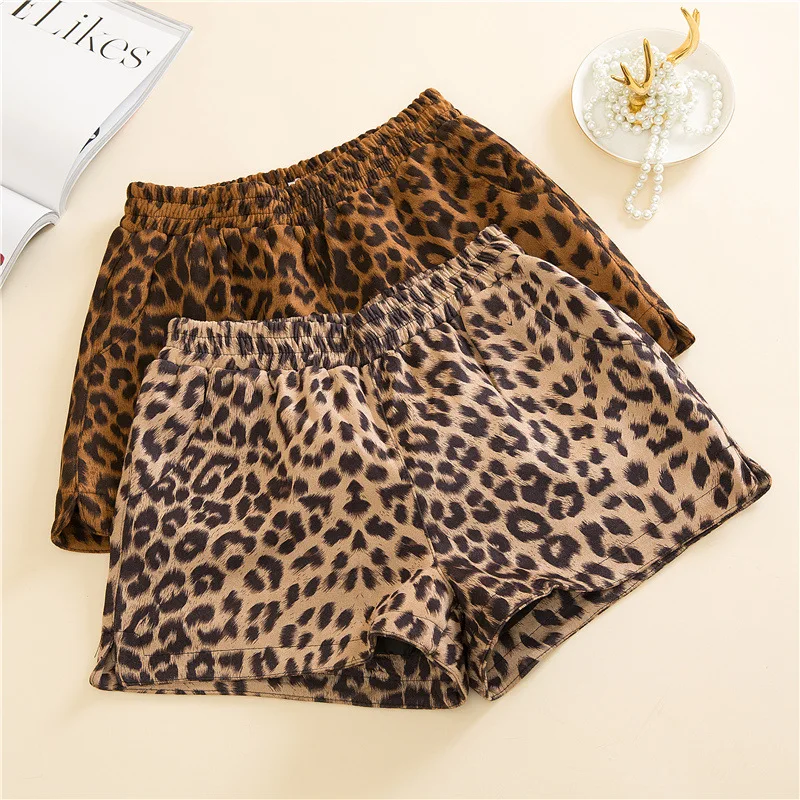 Леопардовые шорты женские с высокой талией осенние и зимние плотные эластичной