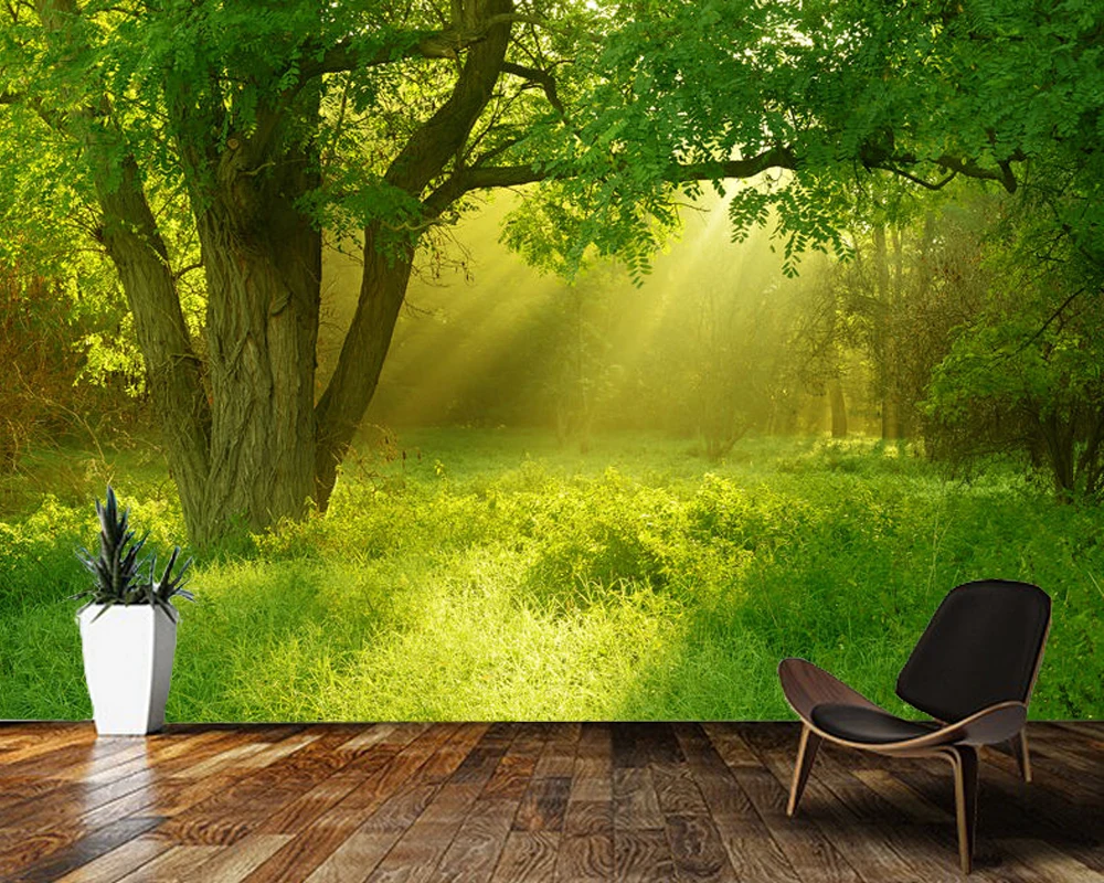 Фото Papel de parede Sun блестит в зеленый лес большое дерево натуральные 3d обои роспись