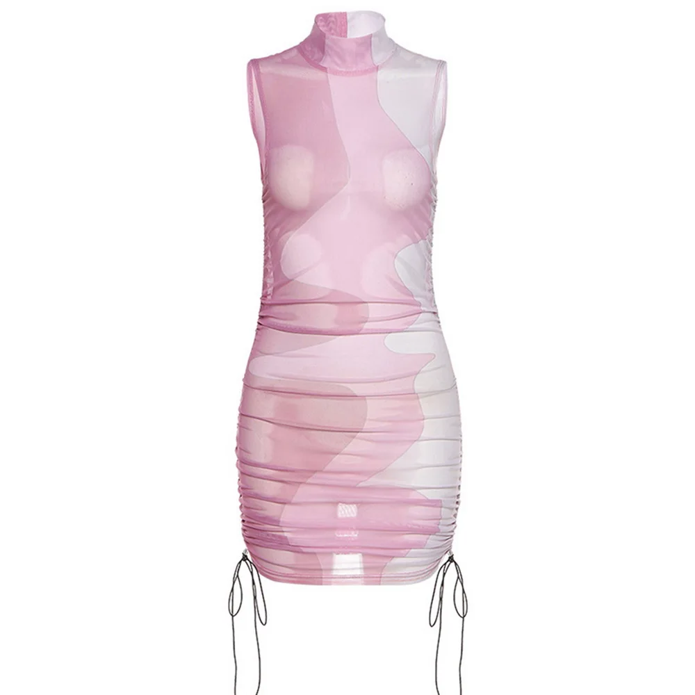 

Midnight Partywear Women Sexy See-Through Contrast Patchwork Mini Dress Chic Bodycon Sleeveless Undefined Streetwear 2021