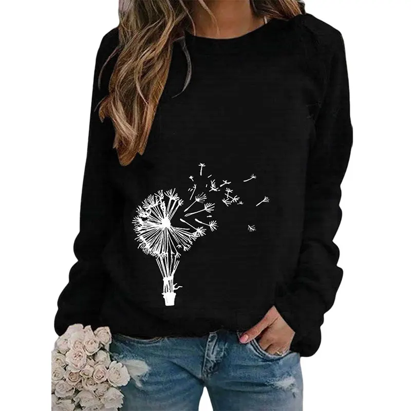

Autumn Winter Women Casual Style Tops Dandelion Printed Long Sleeve Round Neck Pullover T shirt