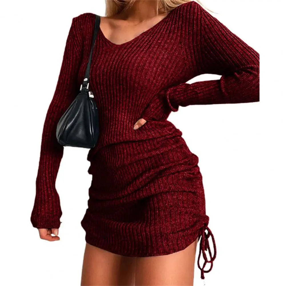

Sheath Dress Women V Neck Knitted Solid Color Side Pleated Lady Dress for Daily Wear Casual dresses for women 2021