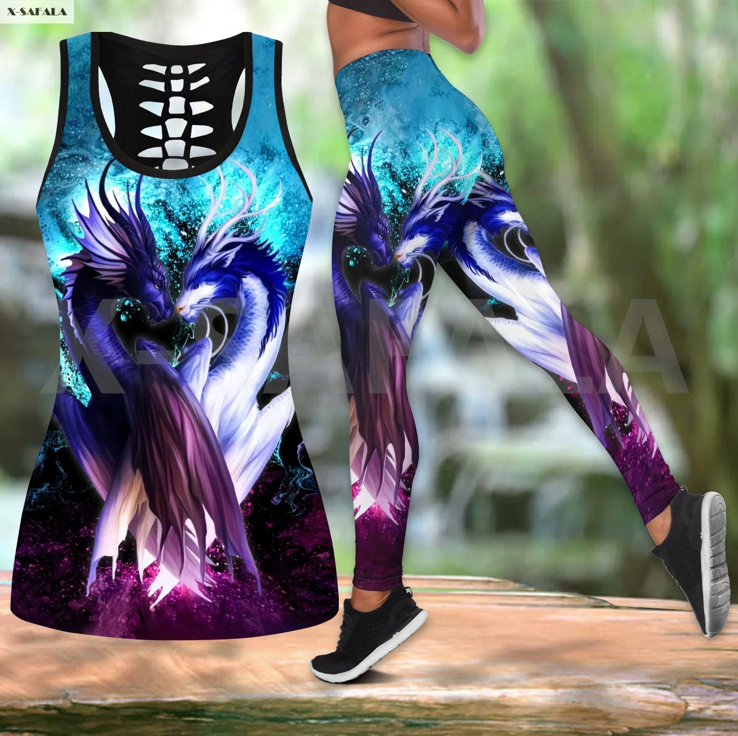 

Galaxy Dragon Couple Two Piece Yoga Set Women 3D Print Vest Hollow Out Tank Top High Waist Legging Summer Casual Sport