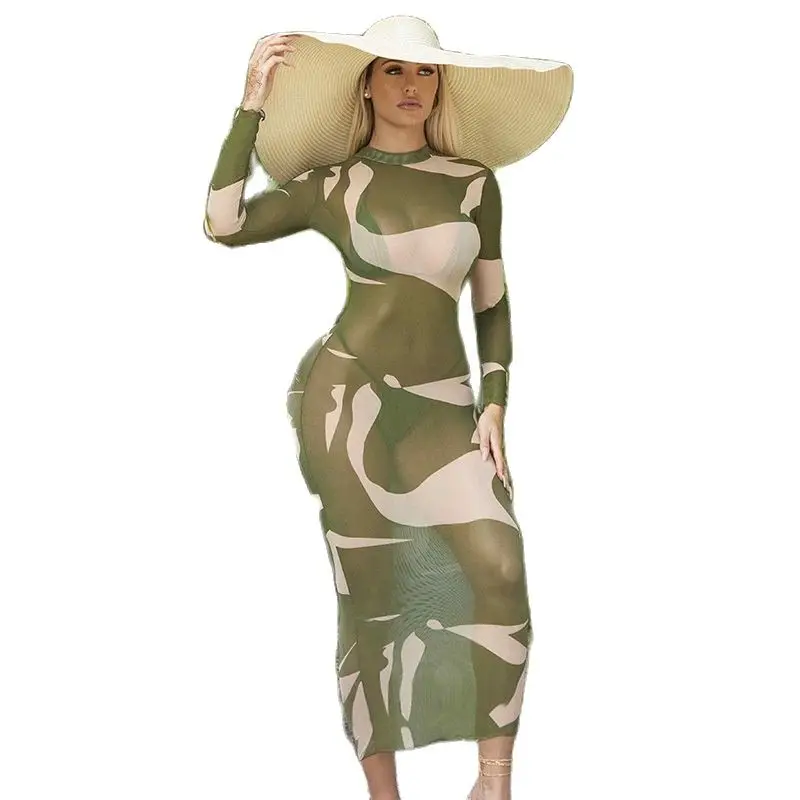 

Sexy Printed Long Sleeves O-Neck See Through Casual Green Maxi Dress 2021 Summer Women Fashion Beach Party Outfits Y2K Robe