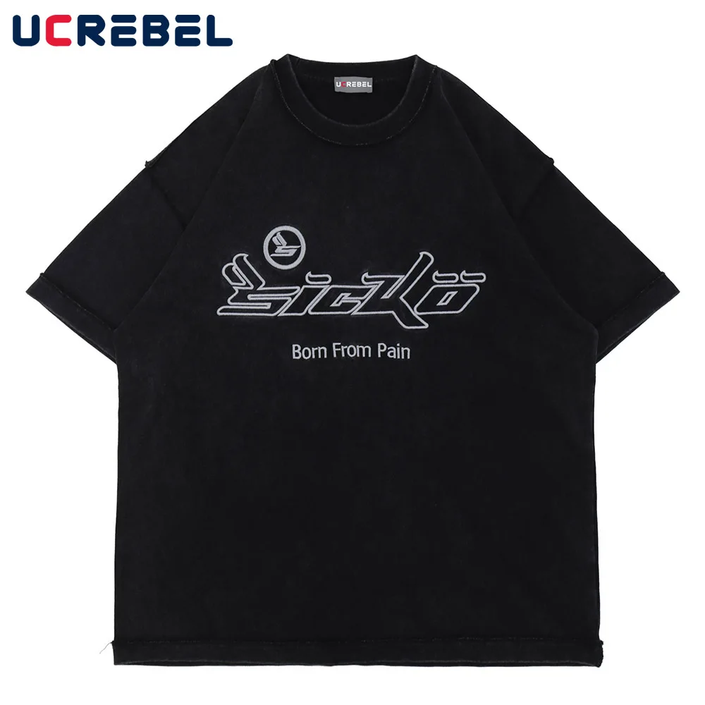 

Letter Embroidery Short Sleeve T-shirt Mens Summer Distressed Crew Neck Half-Sleeve Casual Loose Tee Men